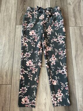 One by Chapter One- Dark Gray Floral Pants with Pink Blossoms